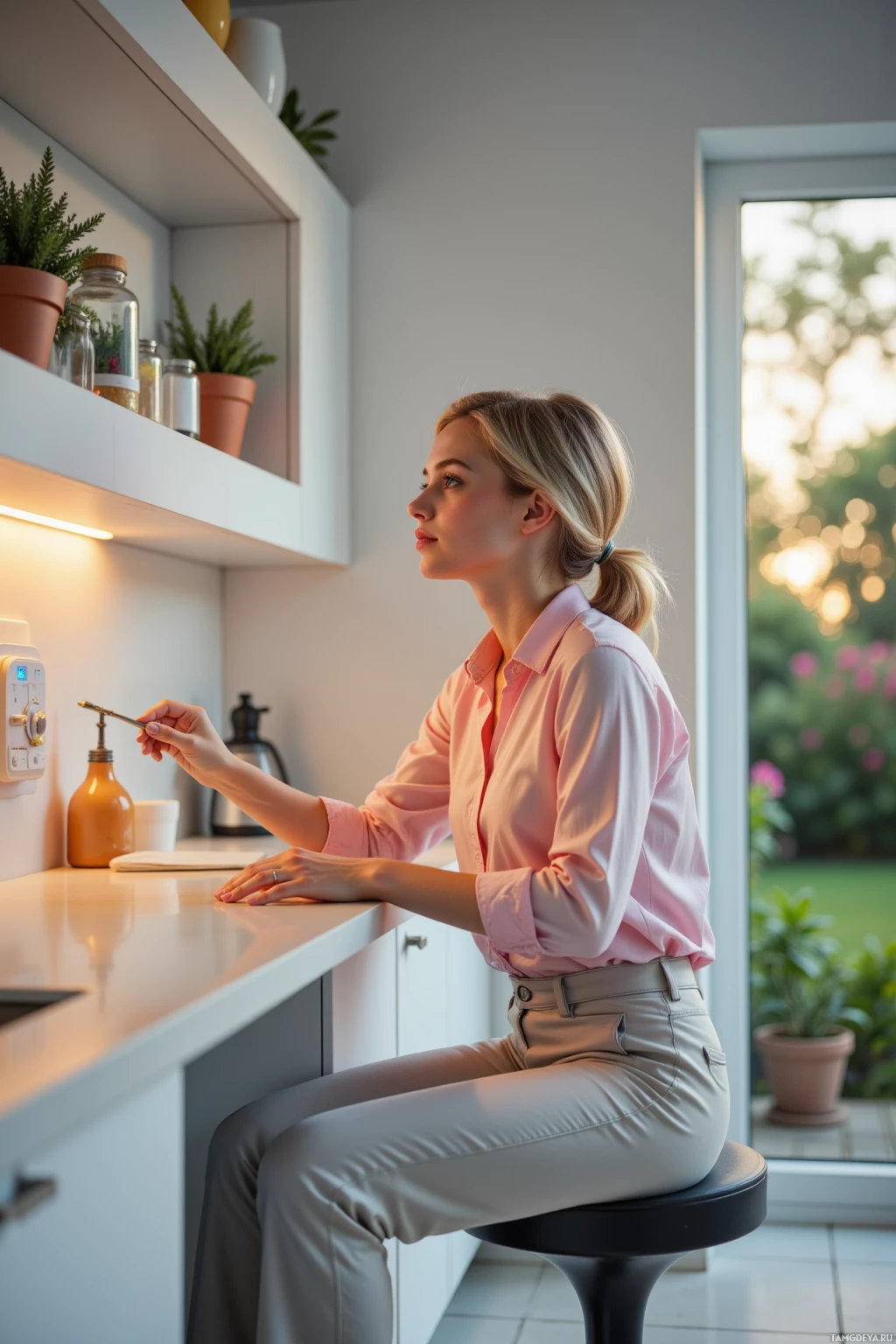 A woman in a pink shirt sits on a stool in a modern kitchen, looking out the window.