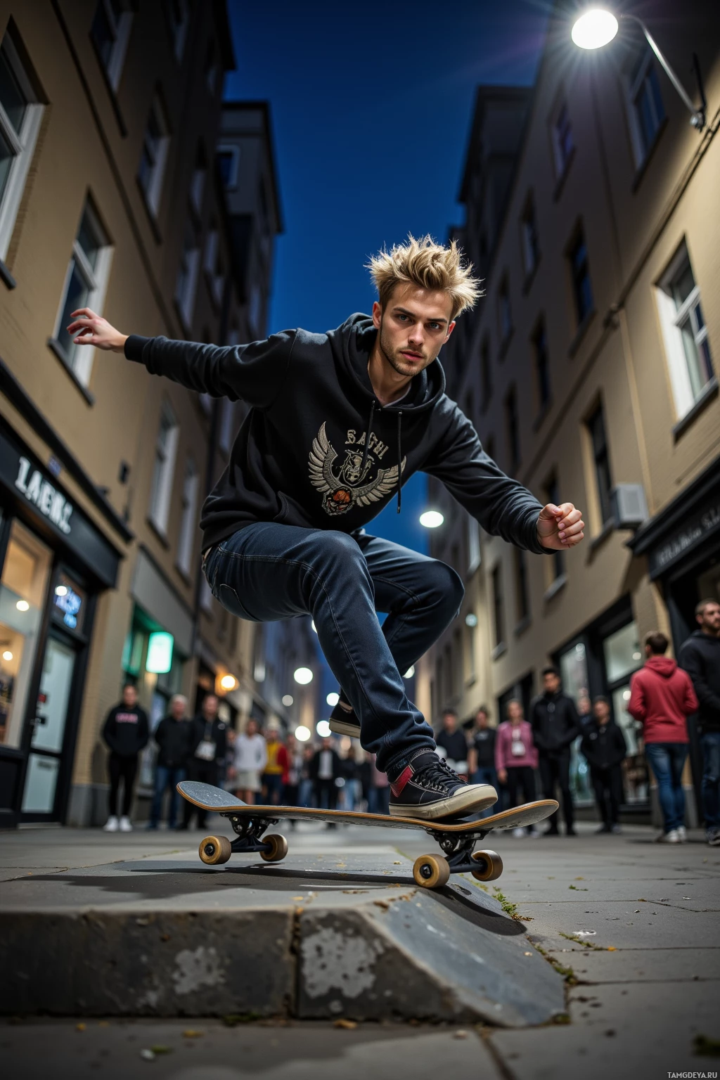 A skateboarder performs a trick on a city street at night.