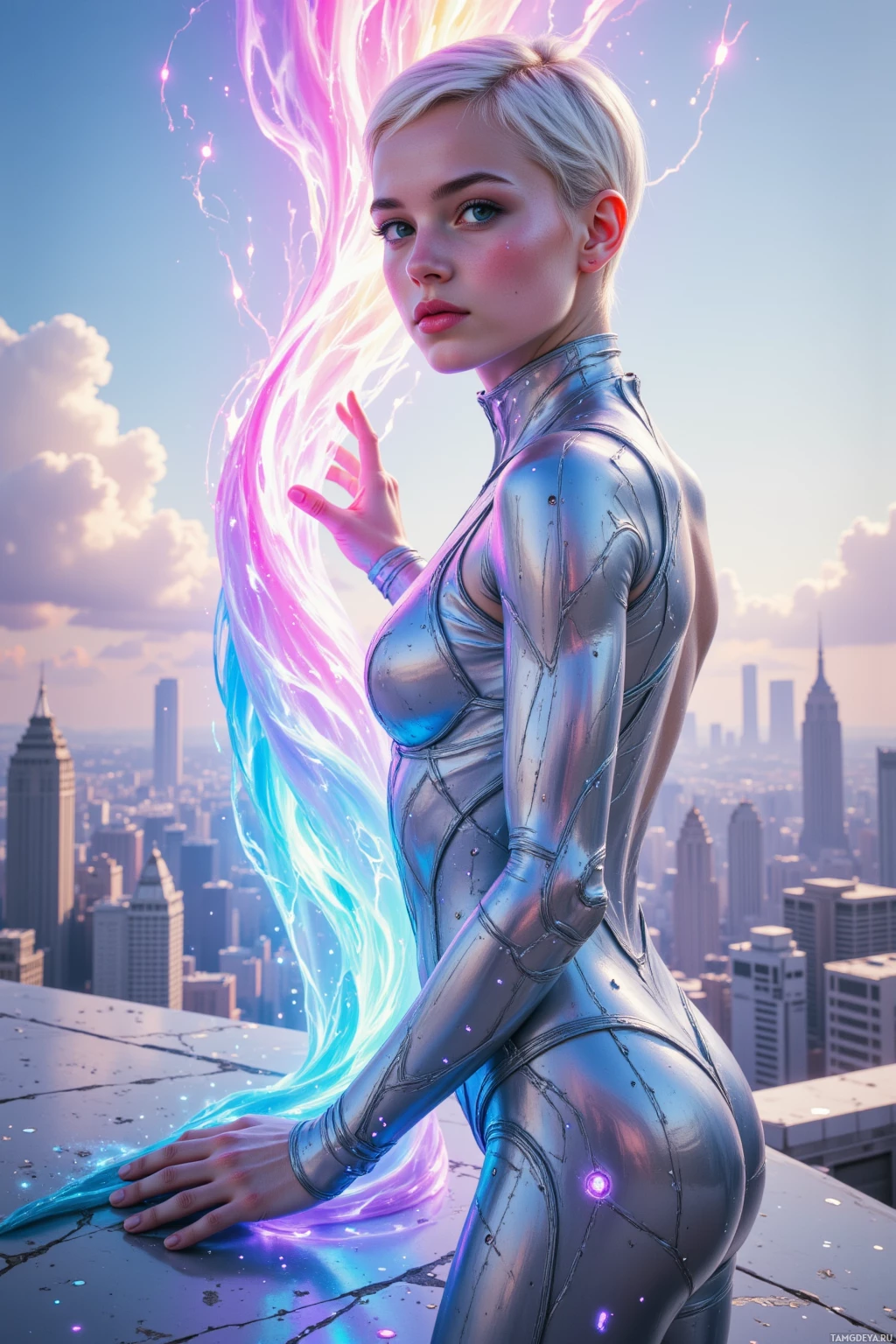 A futuristic woman in a metallic suit stands atop a rooftop, with glowing energy flowing from her hair against a cityscape backdrop.