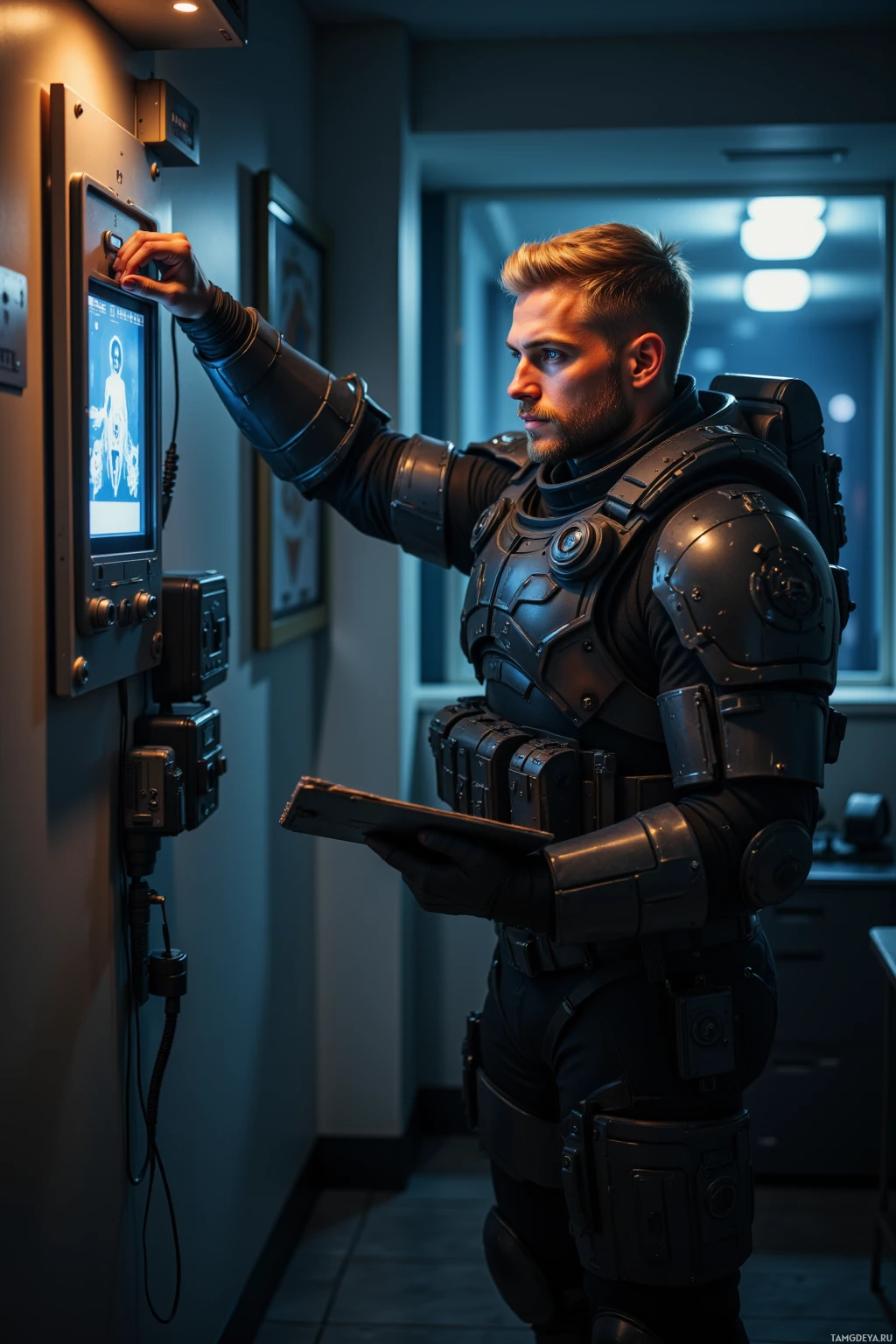 A person in futuristic armor interacts with a control panel in a dimly lit room.