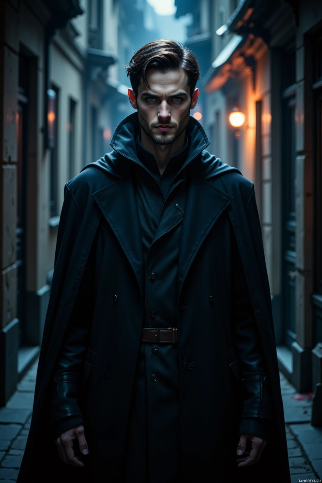 A man in a dark coat stands in a dimly lit alleyway.