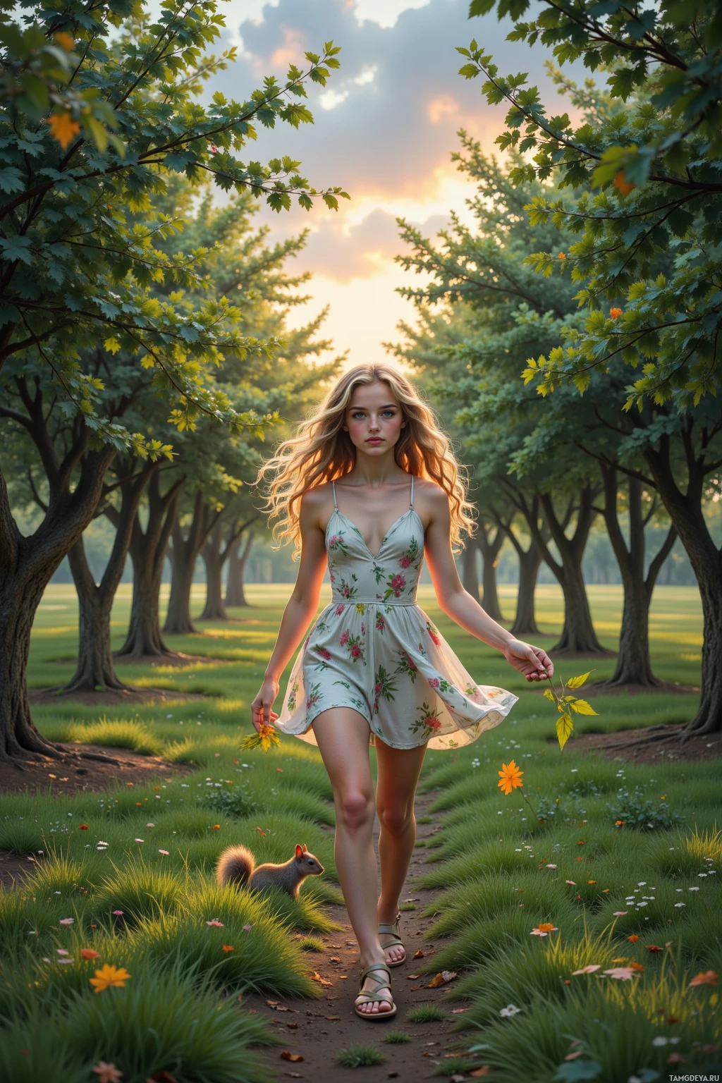 A woman in a floral dress walks through a sunlit forest with a squirrel nearby.