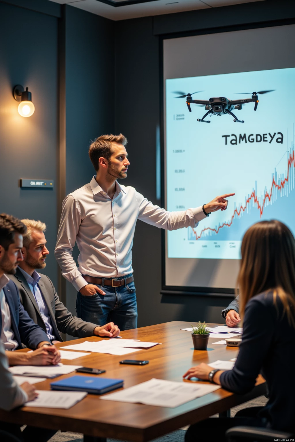 A man presents a graph on a screen to a group of seated colleagues in a conference room.
