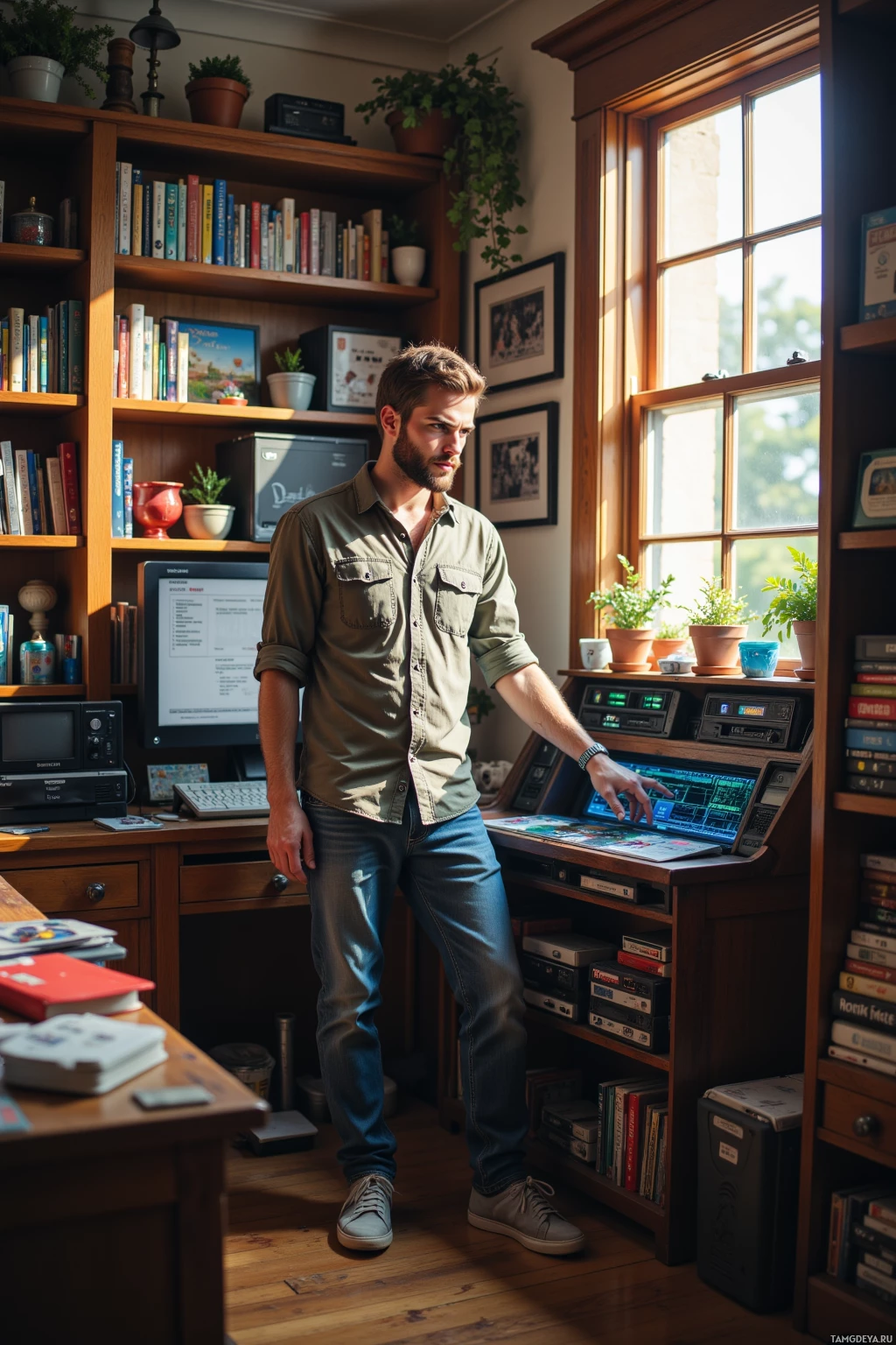 A man stands in a cozy room with bookshelves, a desk, and a computer, bathed in sunlight.