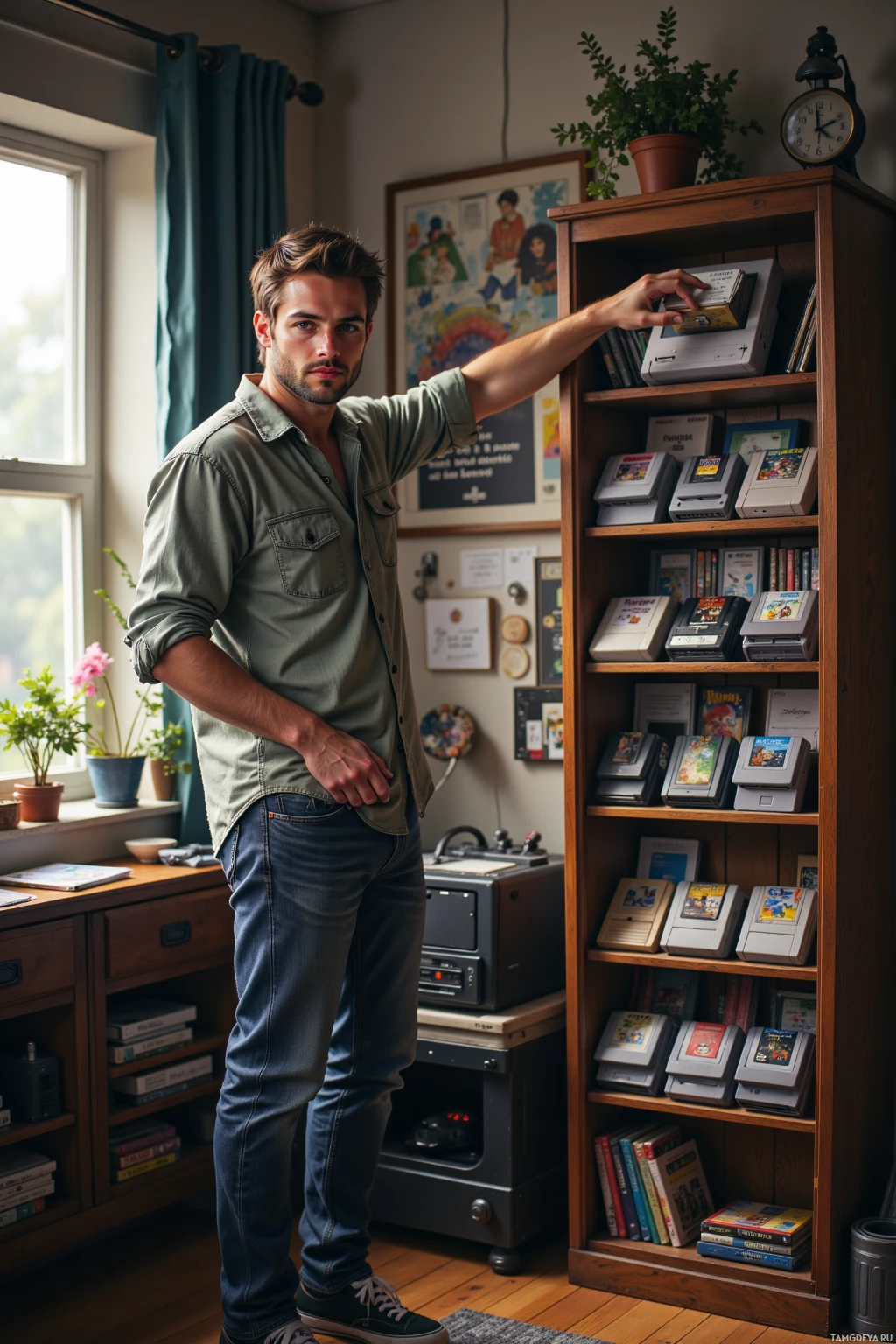 A man stands in a room with a bookshelf filled with video game cartridges and books.