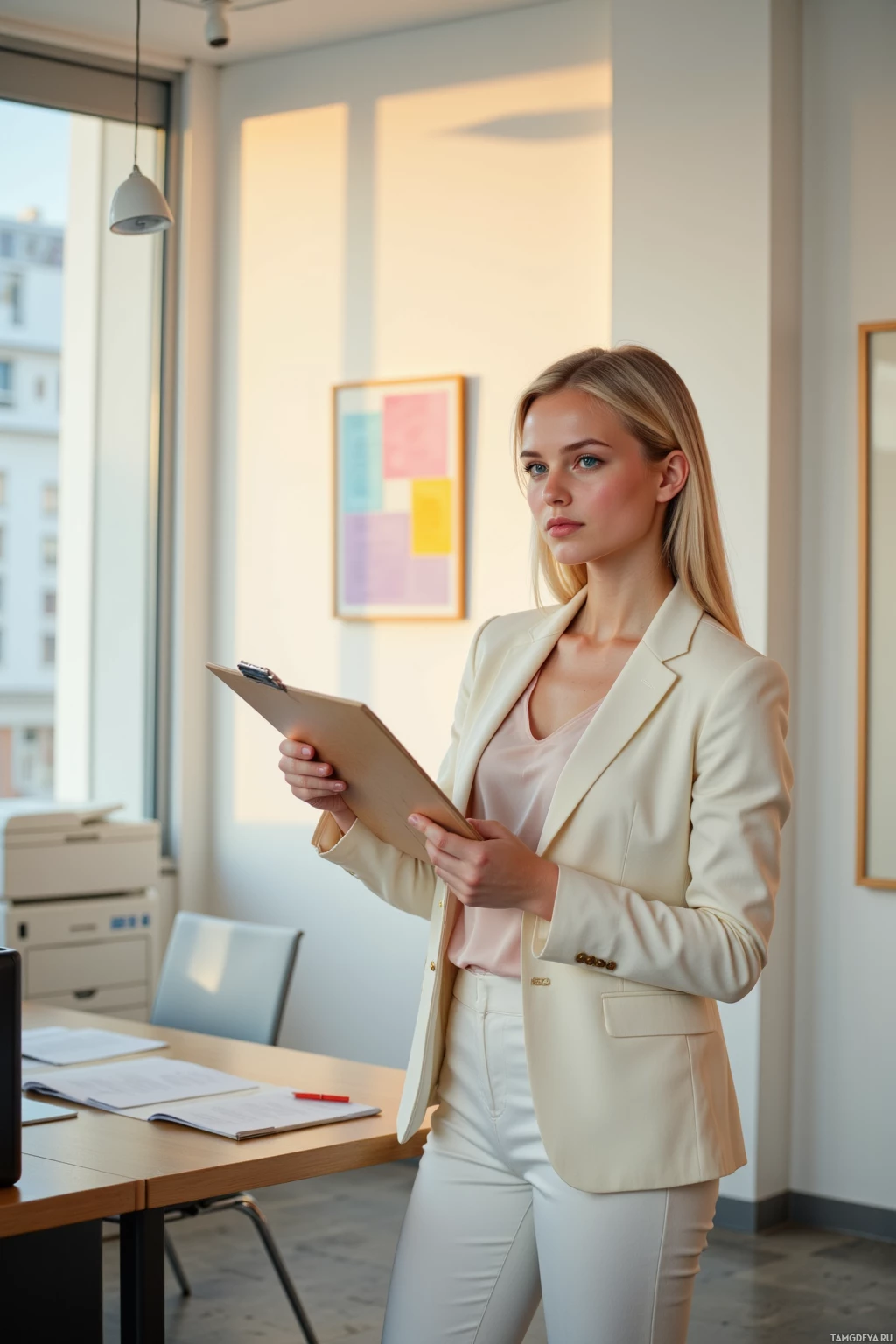 A woman in a professional setting holds a clipboard, dressed in a light-colored blazer and pants.