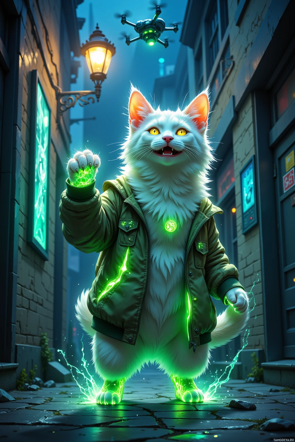 A glowing white cat in a green jacket stands in a dimly lit alleyway, with a drone flying overhead.