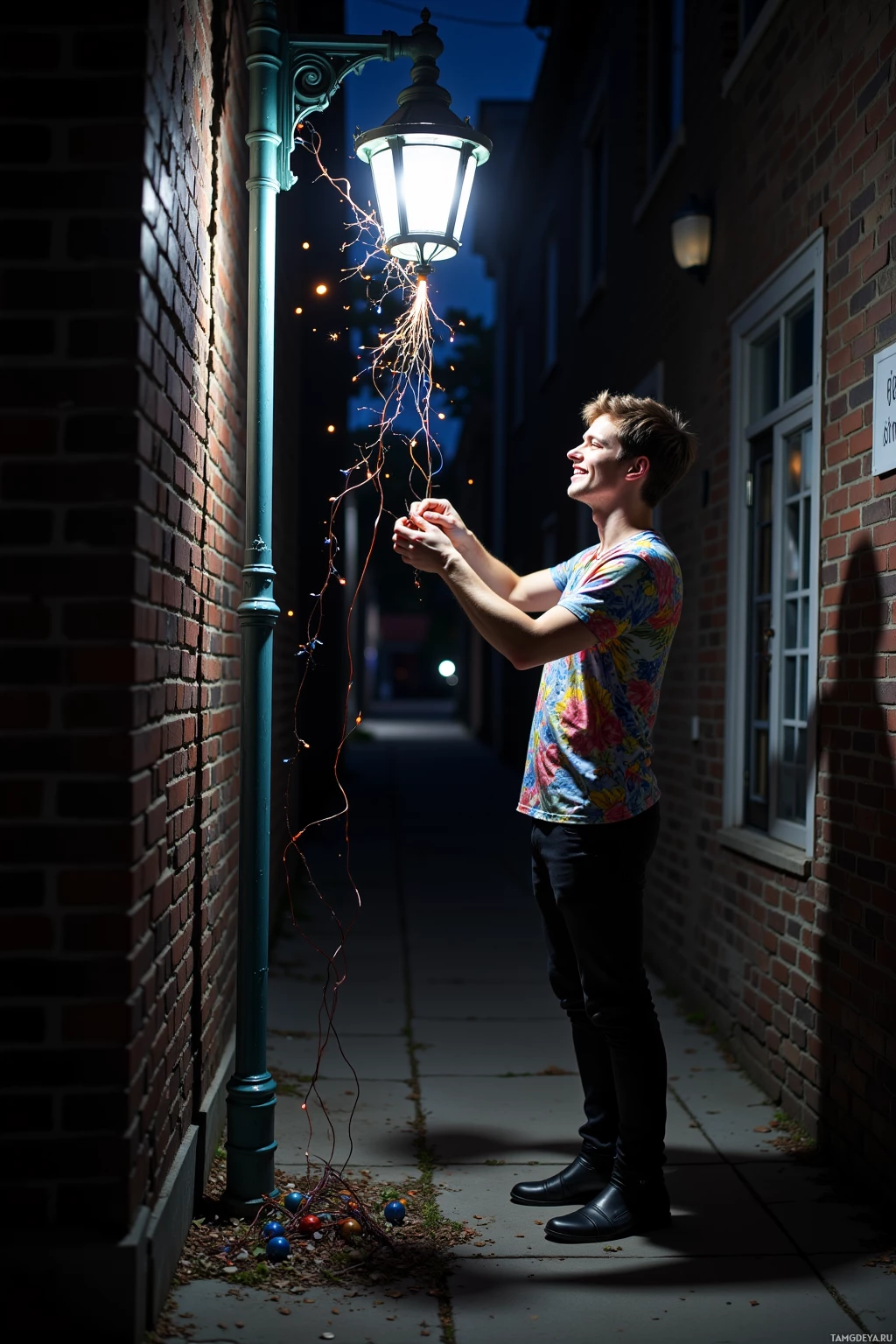 A person stands under a streetlamp in an alleyway at night, holding a string of lights.