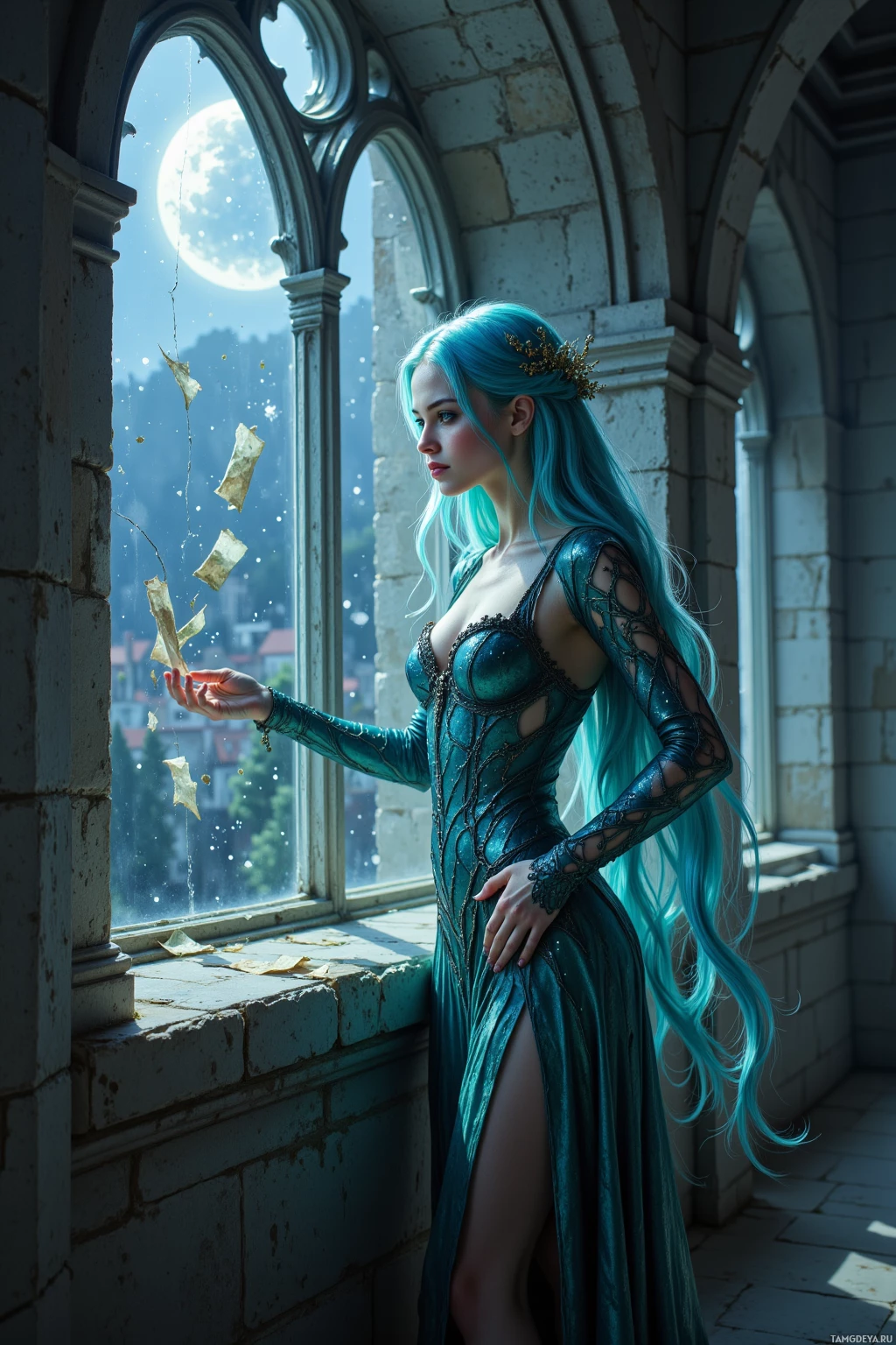A woman with long blue hair stands by a window, gazing outside.