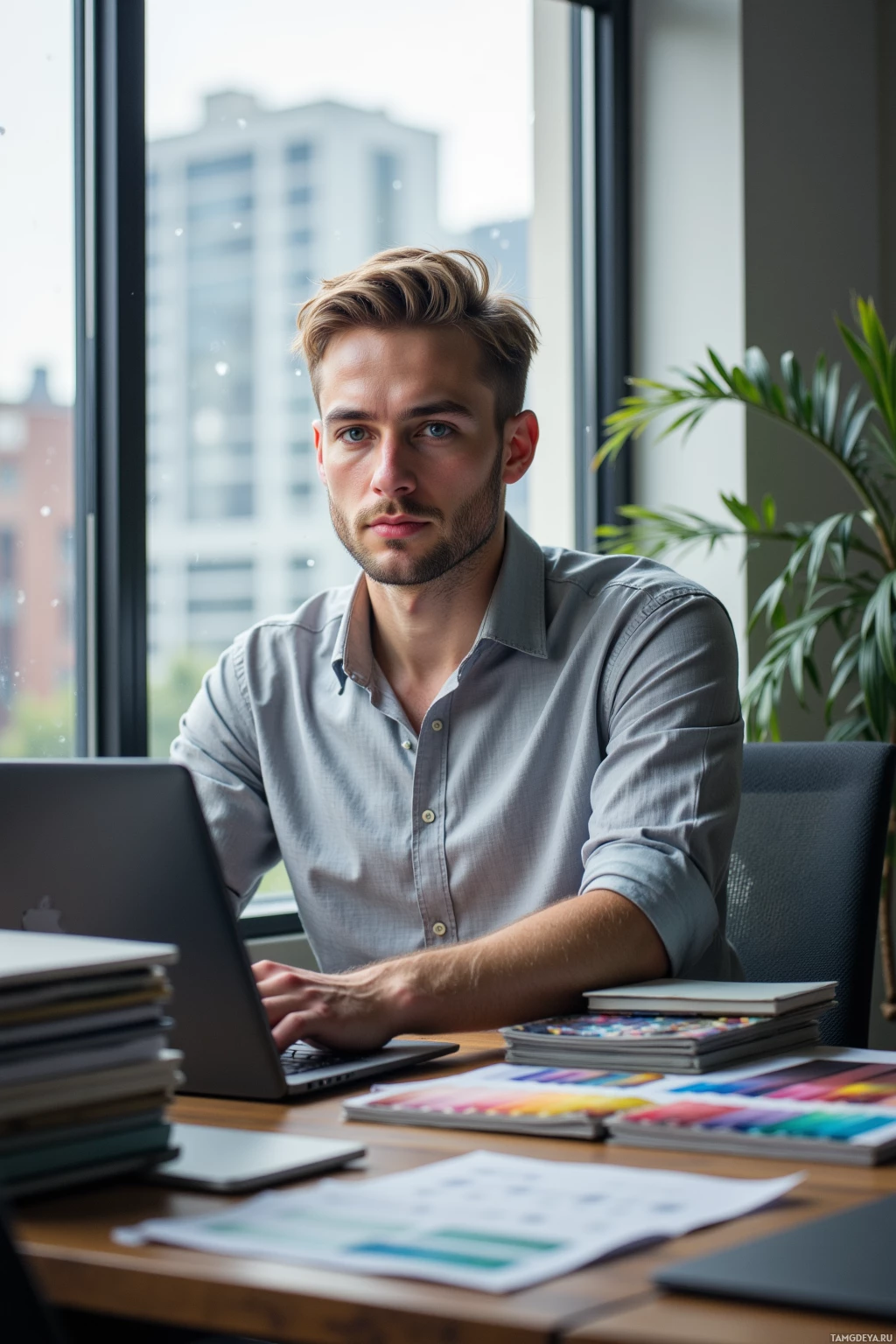 A man sits at a desk in an office, working on a laptop with stacks of papers and a color palette nearby.