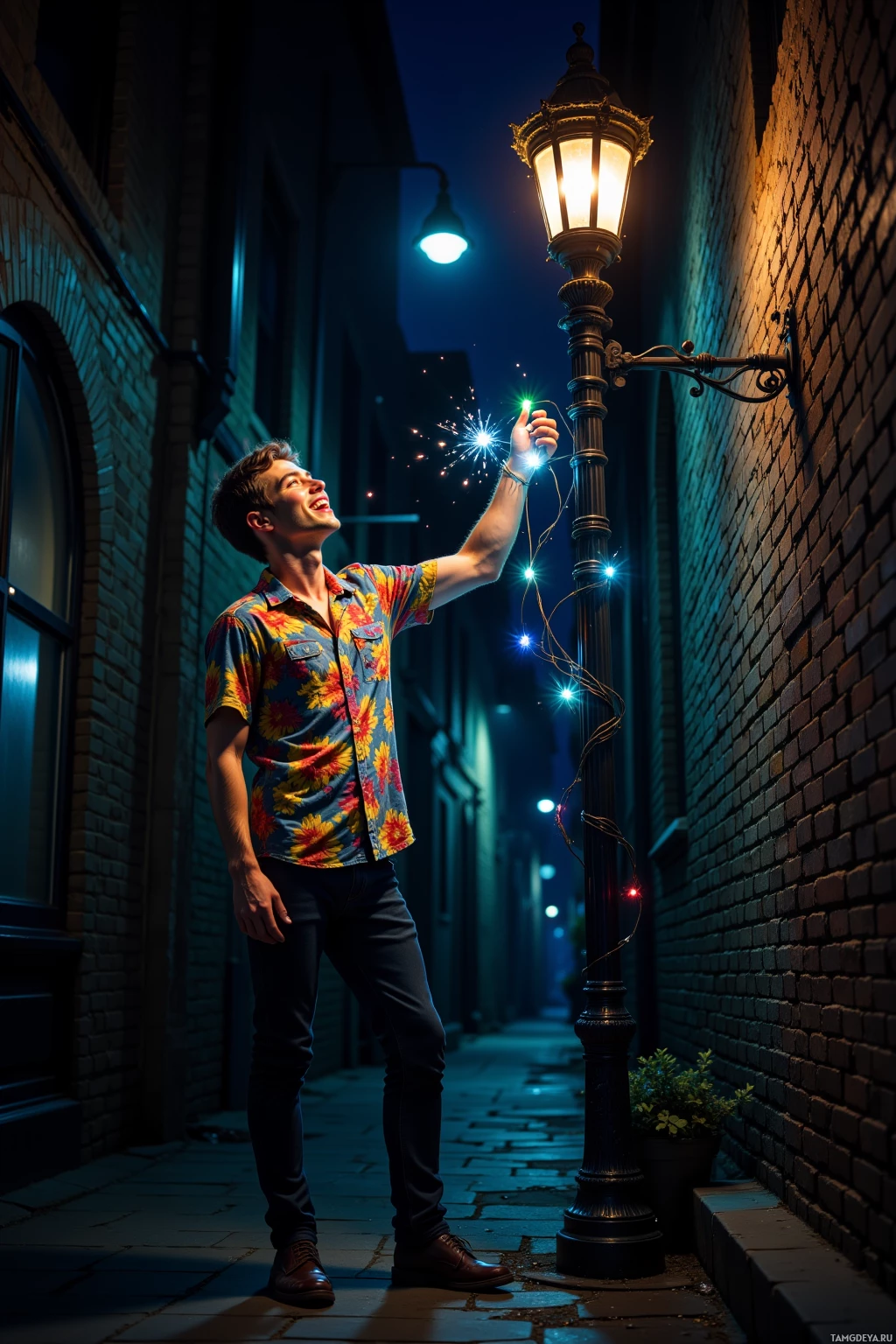 A man stands in a dimly lit alleyway, holding a string of lights, with a streetlamp casting a warm glow.