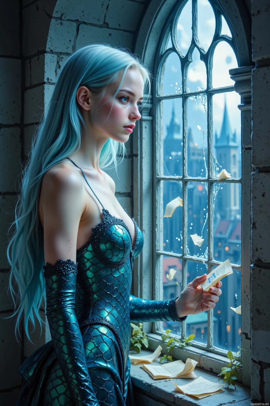 A woman in a mermaid-inspired dress stands by a window, holding a book.