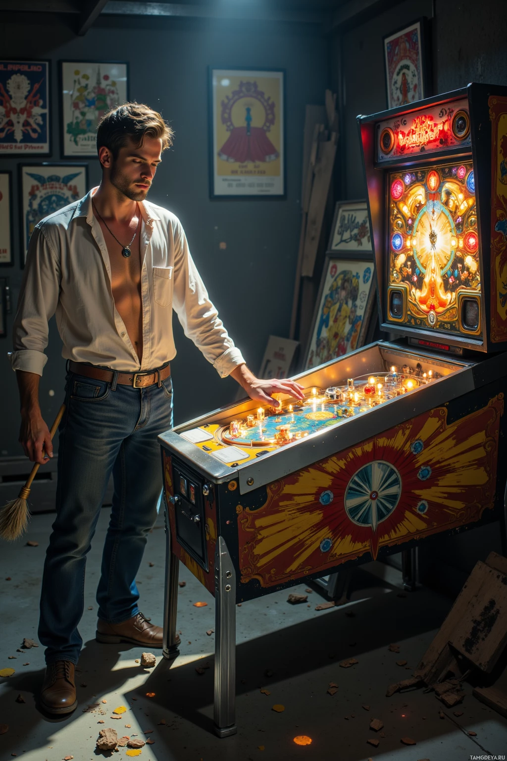 A man stands beside a brightly lit pinball machine in a dimly lit room.