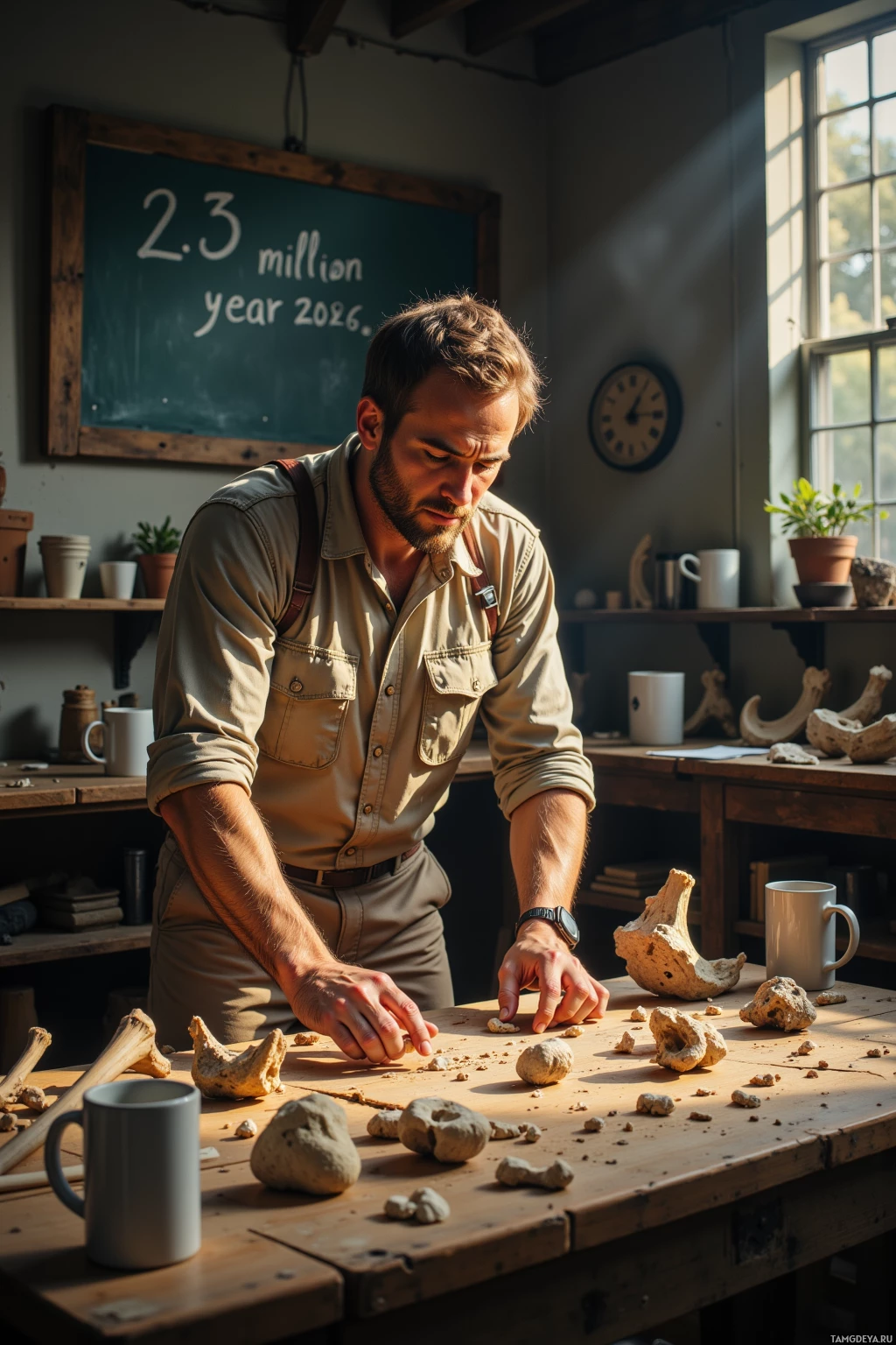 A man in a field shirt examines bones and rocks on a table in a room with a chalkboard and clock.