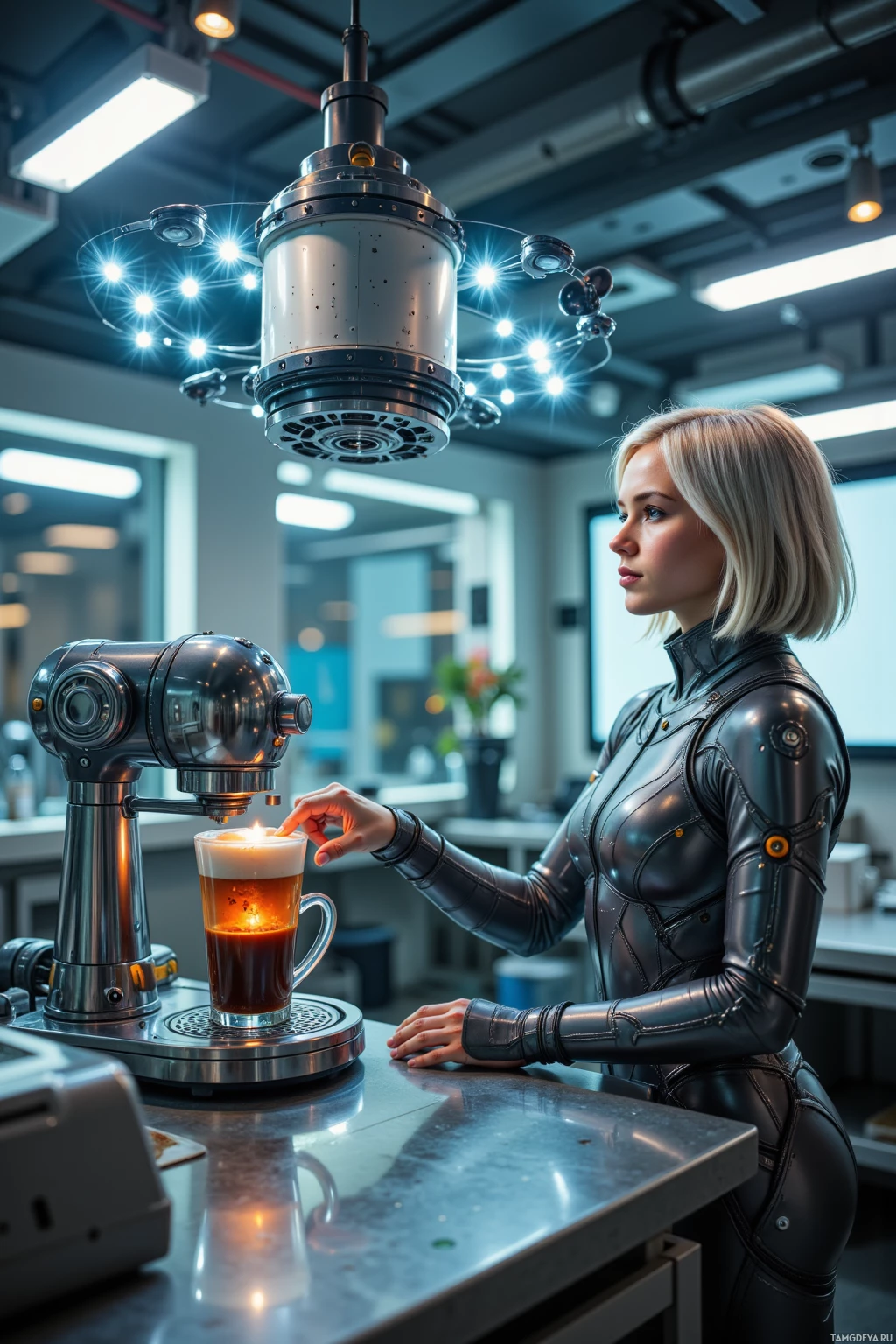 A person in a futuristic outfit interacts with a high-tech coffee machine in a modern setting.