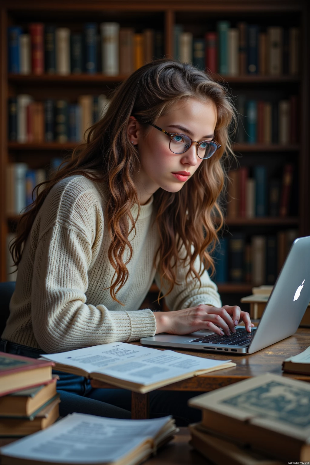A young woman wearing glasses is studying at a desk with a laptop and books.