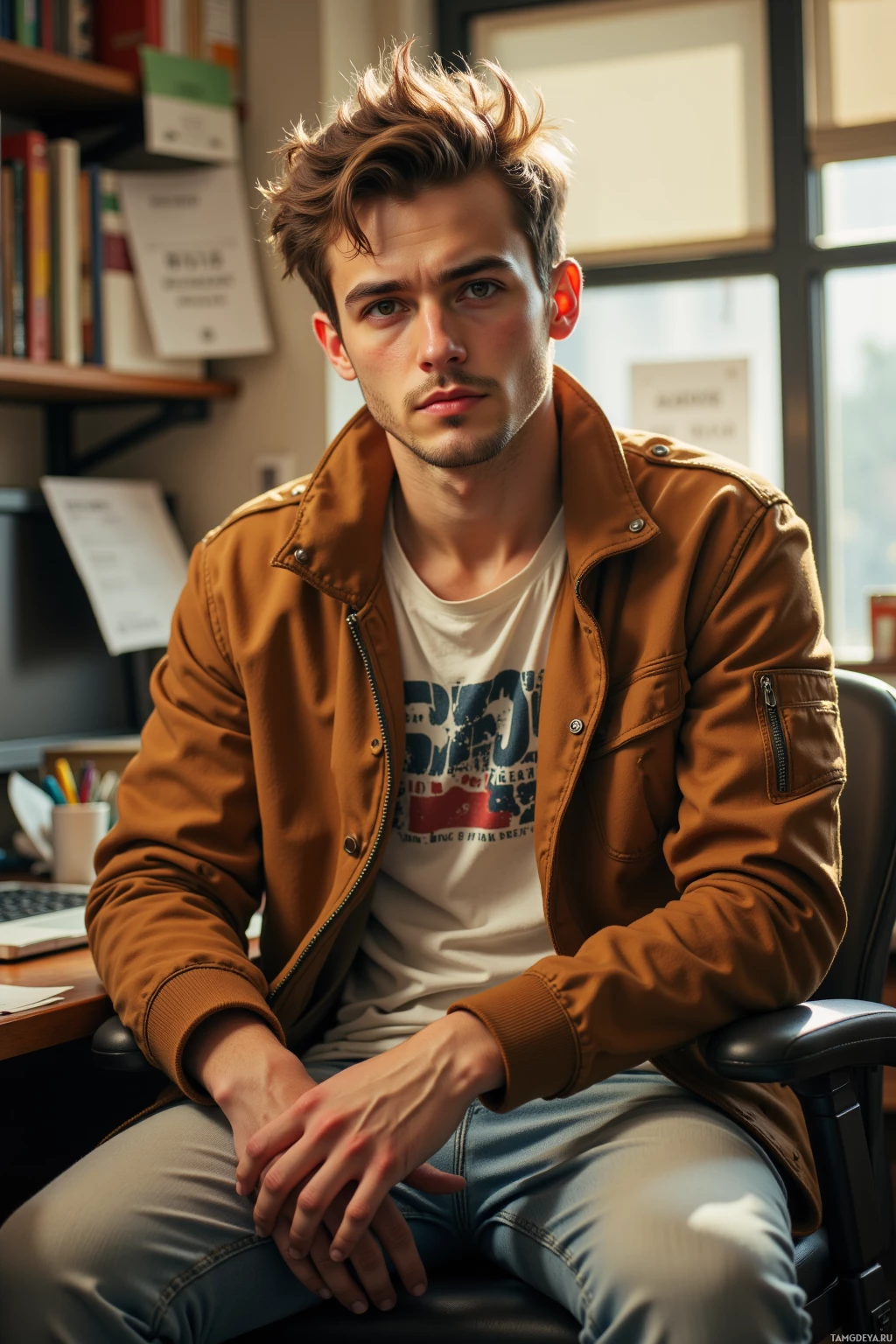 A person in a brown jacket and jeans sits in a chair, hands clasped, in a room with bookshelves and a window.
