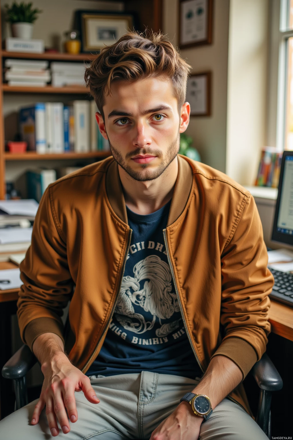 A man in a brown jacket and blue shirt sits in an office setting.