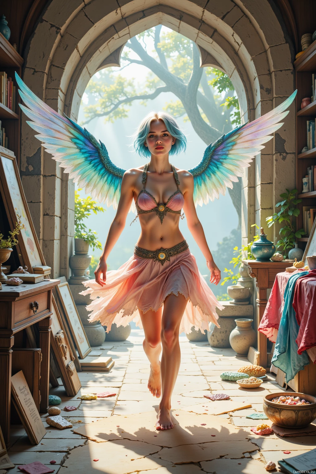 A winged woman in a pink dress stands in a sunlit, stone-walled room with books and pottery.