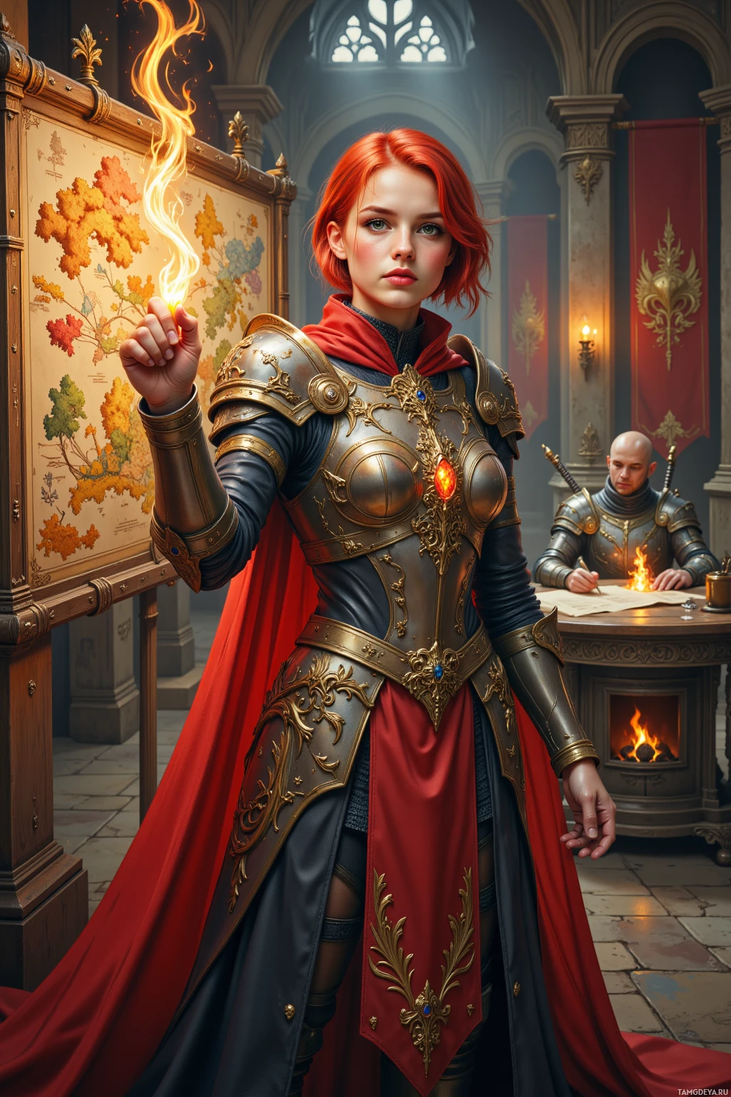 A regal figure in ornate armor and a flowing red cape stands beside a map, with another armored figure seated at a table in the background.