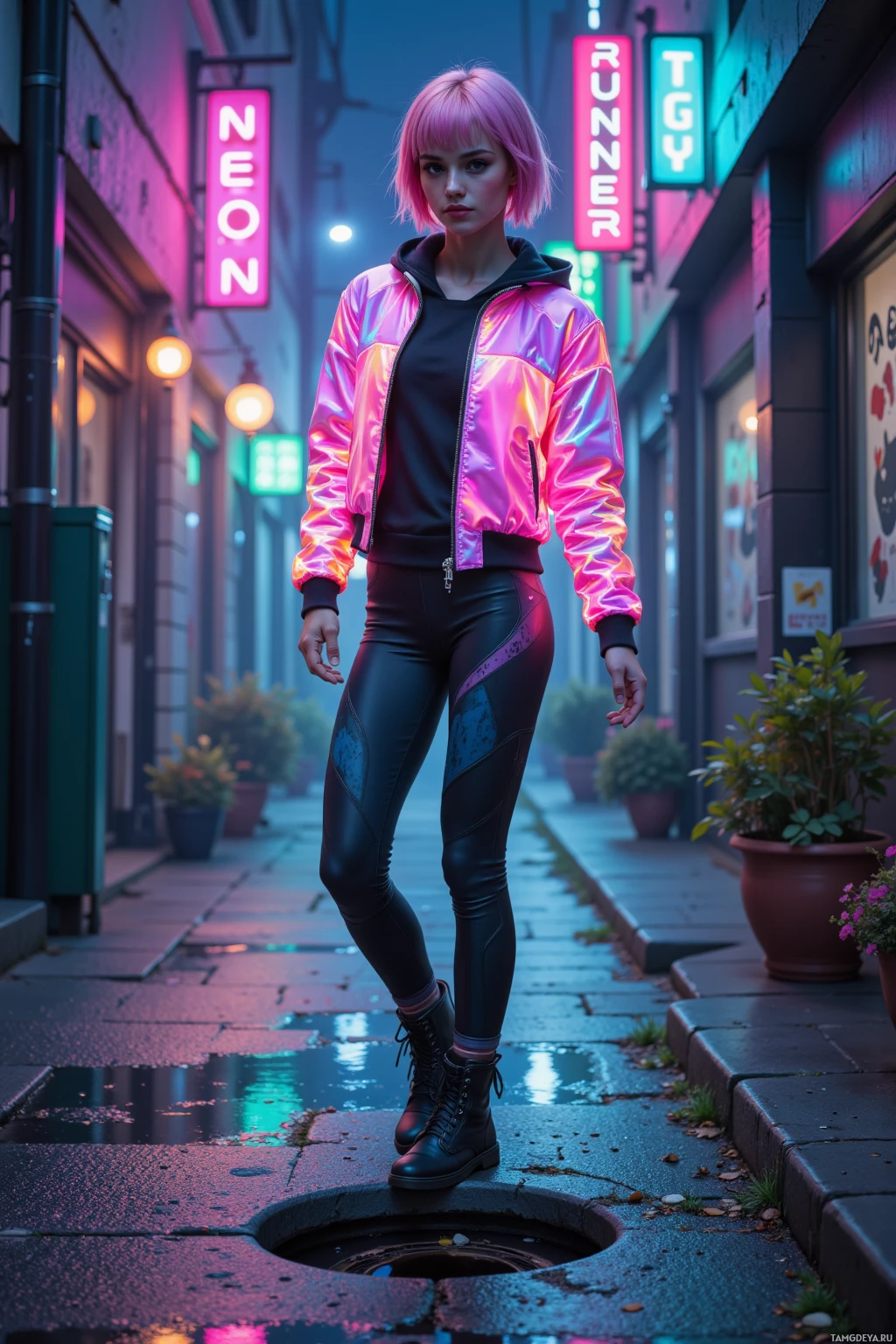 A person stands in a neon-lit alleyway wearing a shiny jacket and black pants.