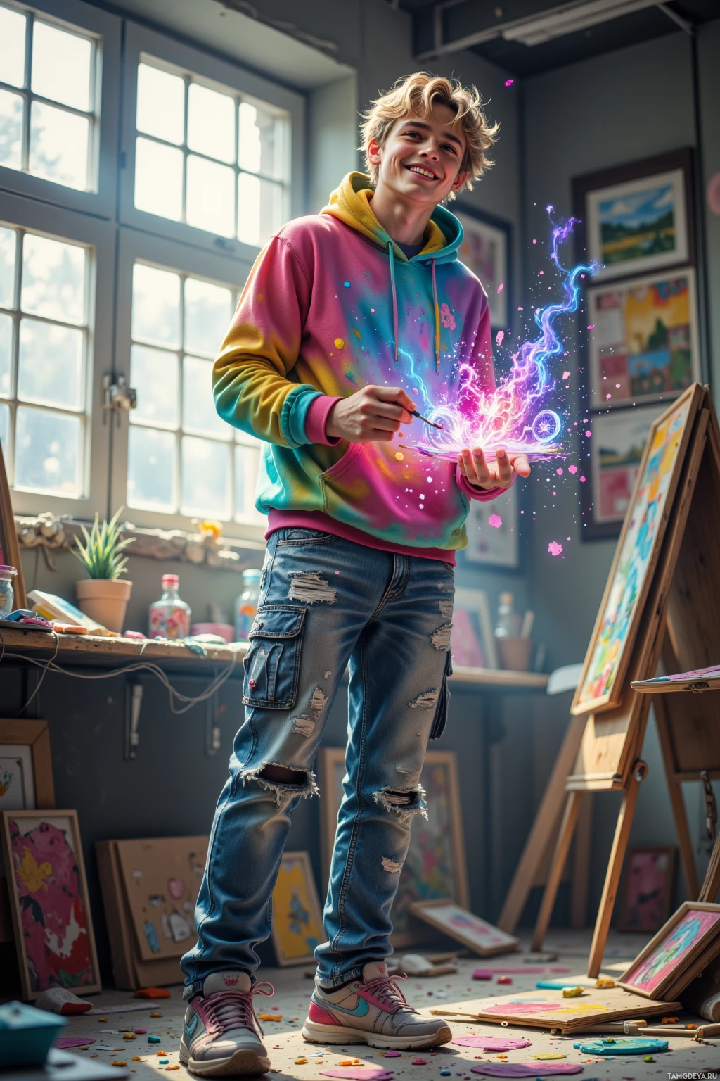 A young person in a colorful hoodie and jeans stands in a vibrant art studio, holding a glowing, magical object.