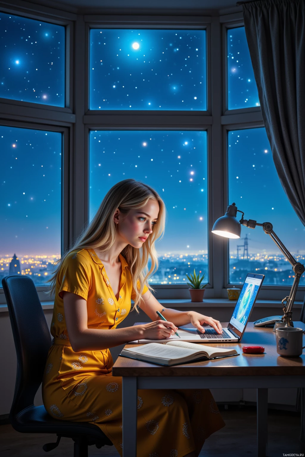 A woman in a yellow dress works at a desk with a laptop, under a desk lamp, against a window with a starry night sky view.