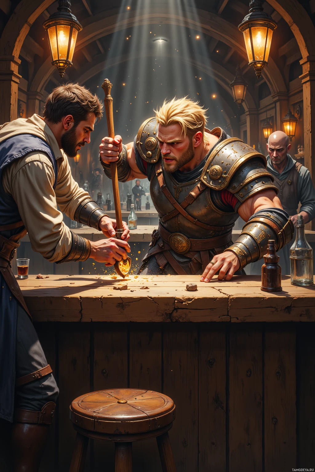 Two individuals in a medieval setting, one in armor, interacting at a wooden table with bottles and a glass.