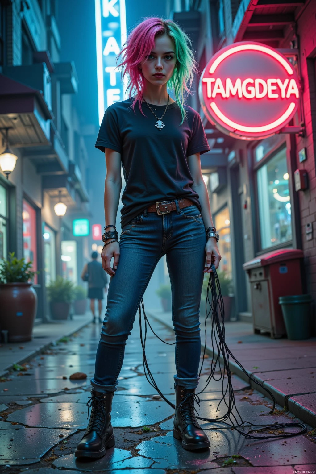 A person with colorful hair stands on a wet street at night, wearing a black t-shirt, jeans, and combat boots.