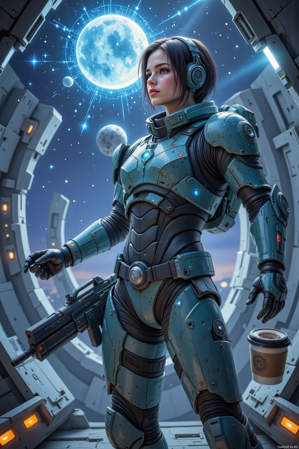 A futuristic armored figure stands in a space station, holding a coffee cup and a weapon, with a large moon and stars in the background.