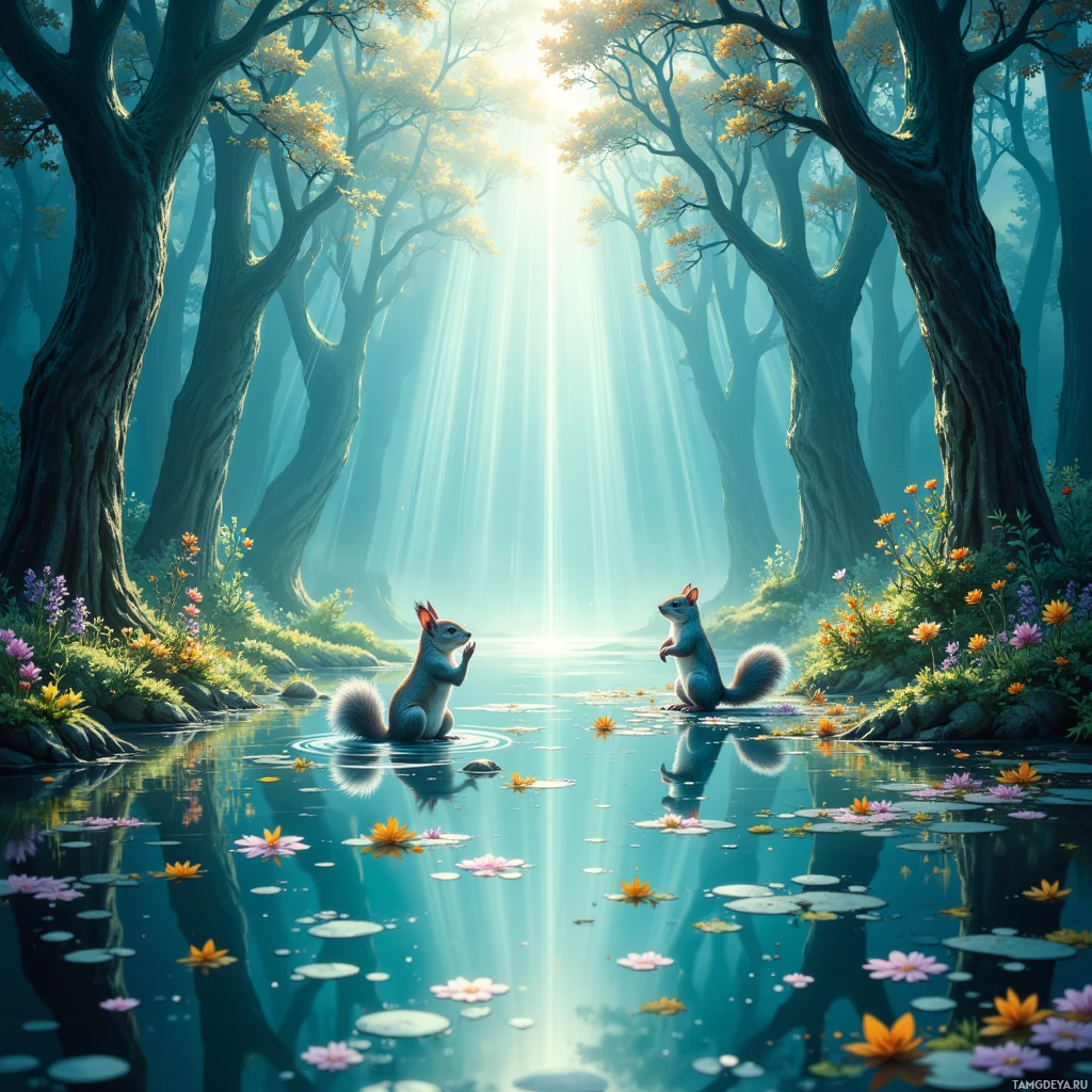 Two squirrels sit on a serene pond surrounded by lush, sunlit forest.