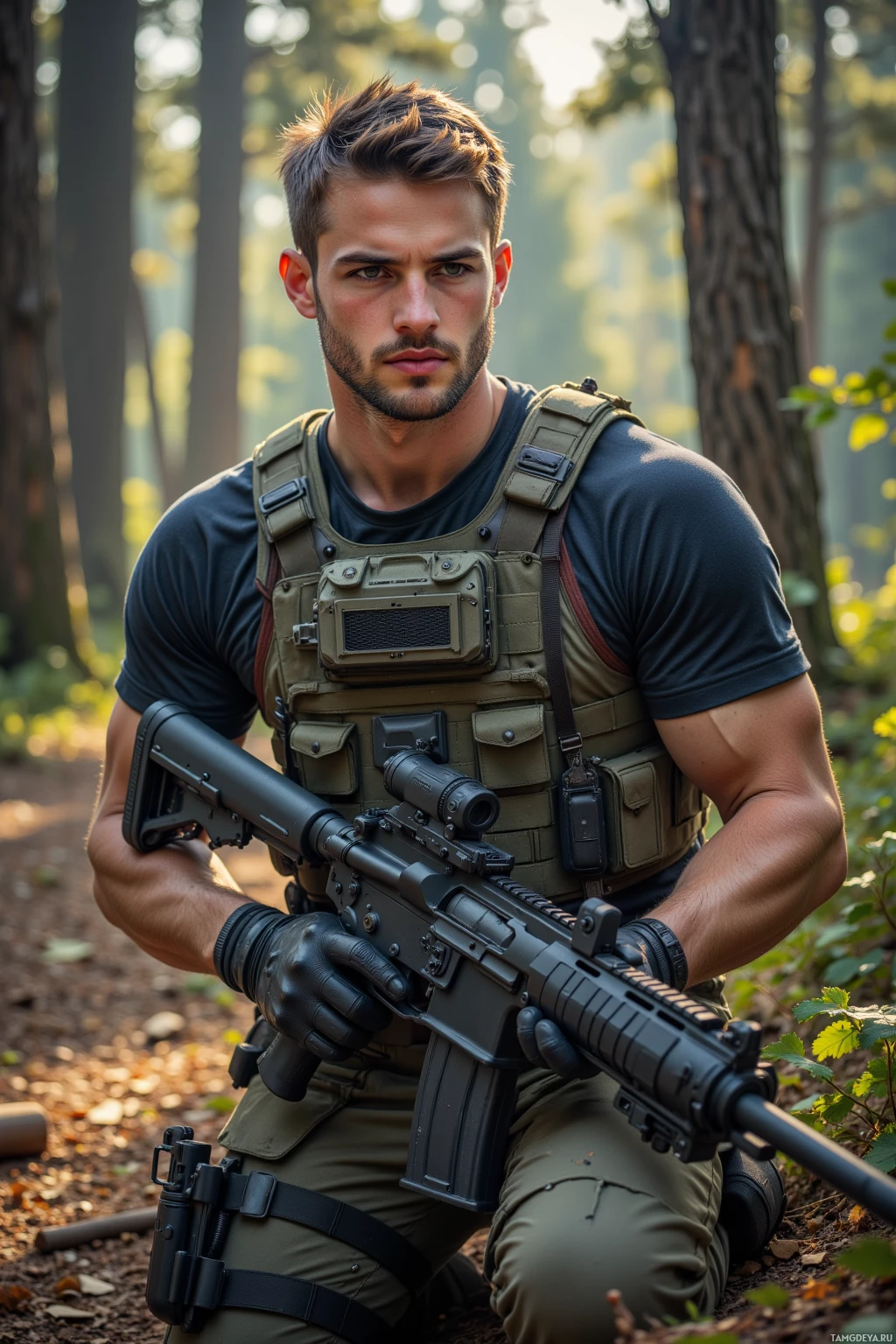 A man in tactical gear kneels in a forest, holding a rifle.