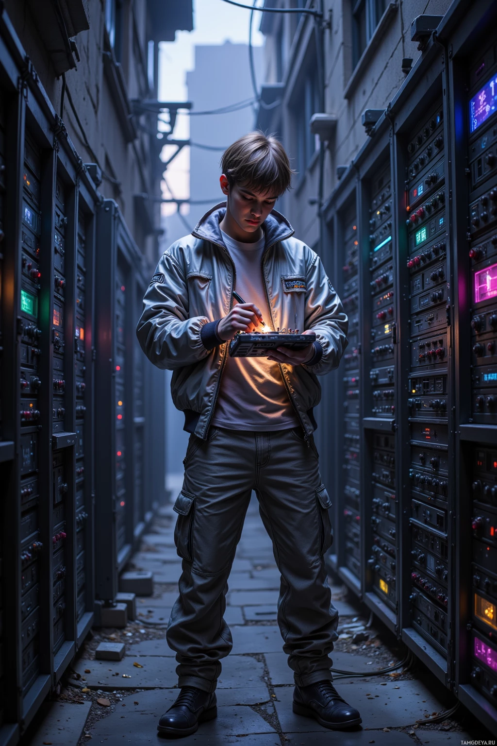 A person in a utility jacket and cargo pants stands in a narrow alleyway, working on a device with a small light.