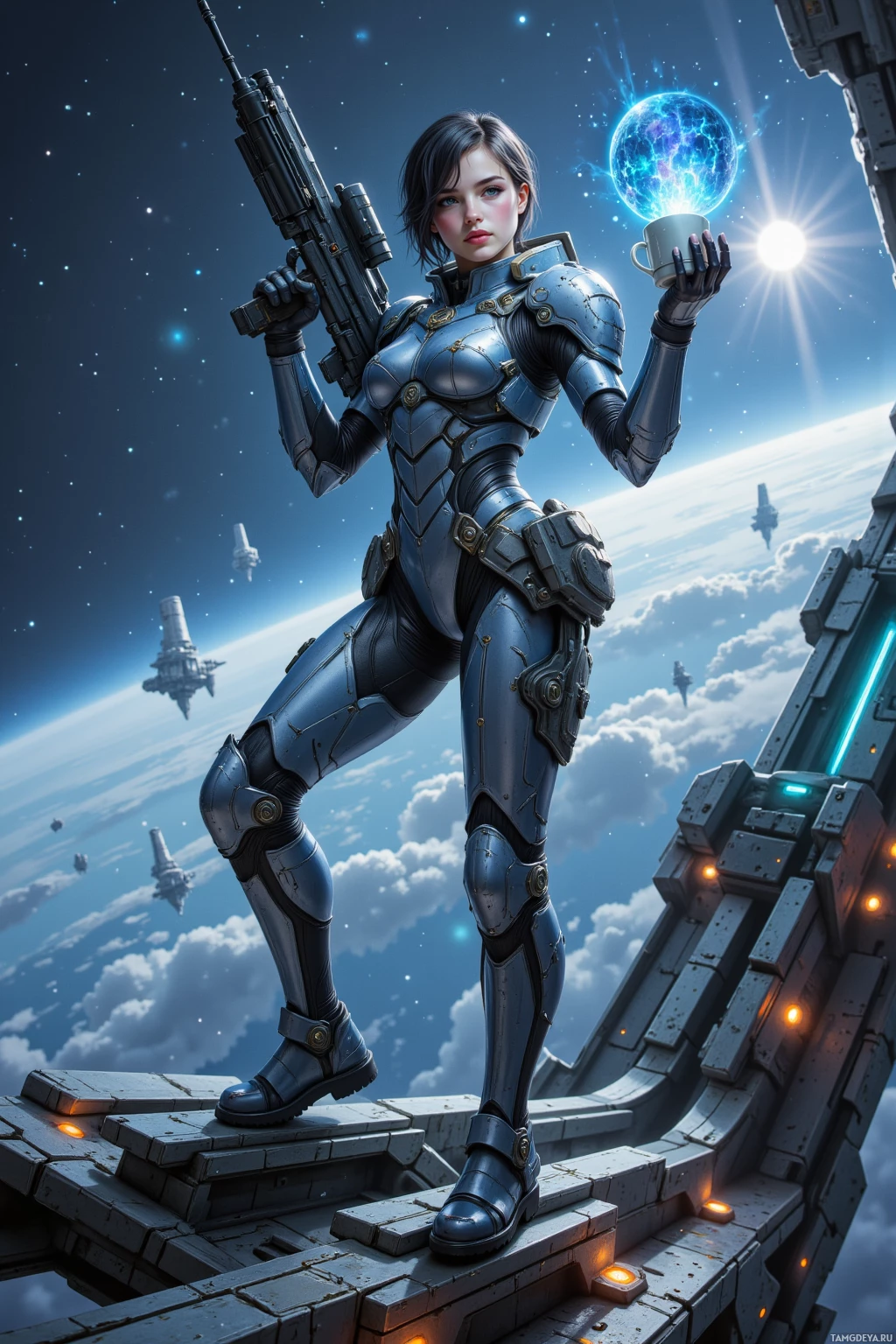 A futuristic female character in armor holds a glowing orb and a weapon, standing on a platform with a space backdrop.