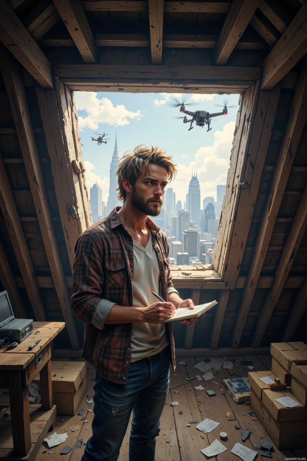 A man in a plaid shirt stands in a rustic attic, writing in a notebook, with a cityscape and drones visible through the window.