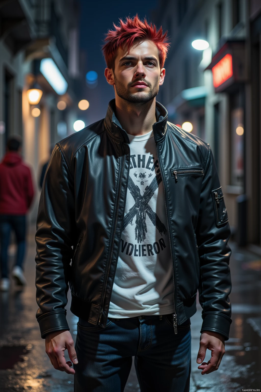 A man with red hair stands on a city street at night, wearing a black leather jacket and a white t-shirt.