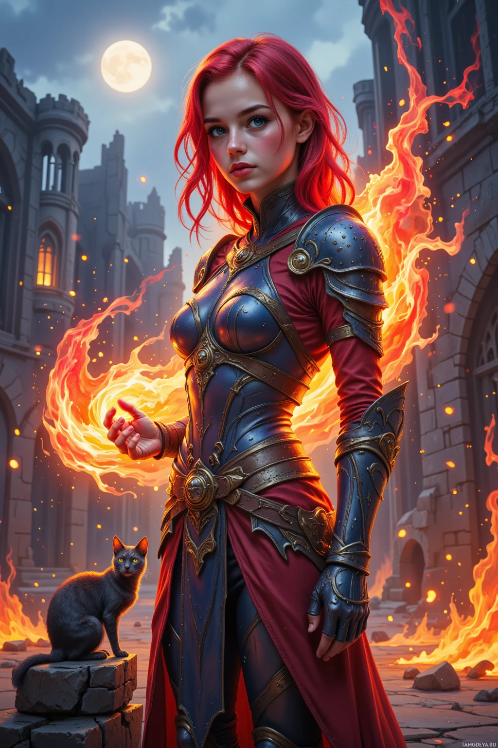 A warrior woman in armor stands amidst a fiery scene with a cat nearby.