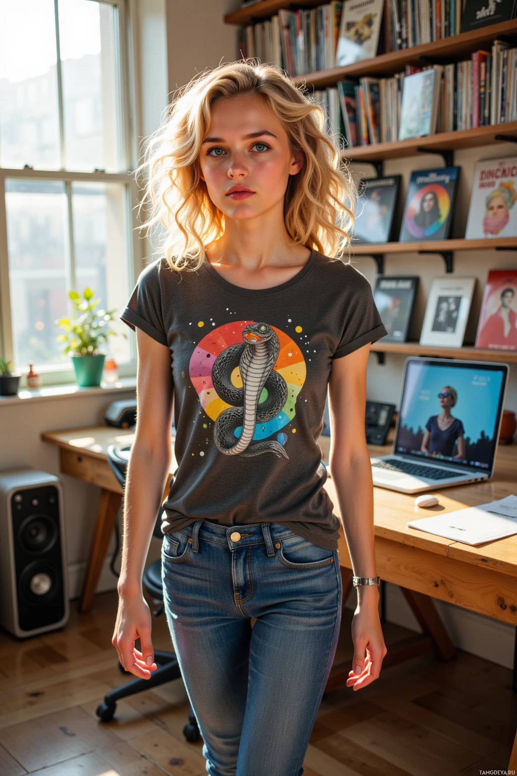 A woman stands in a room with a bookshelf, wearing a t-shirt with a snake design and jeans.