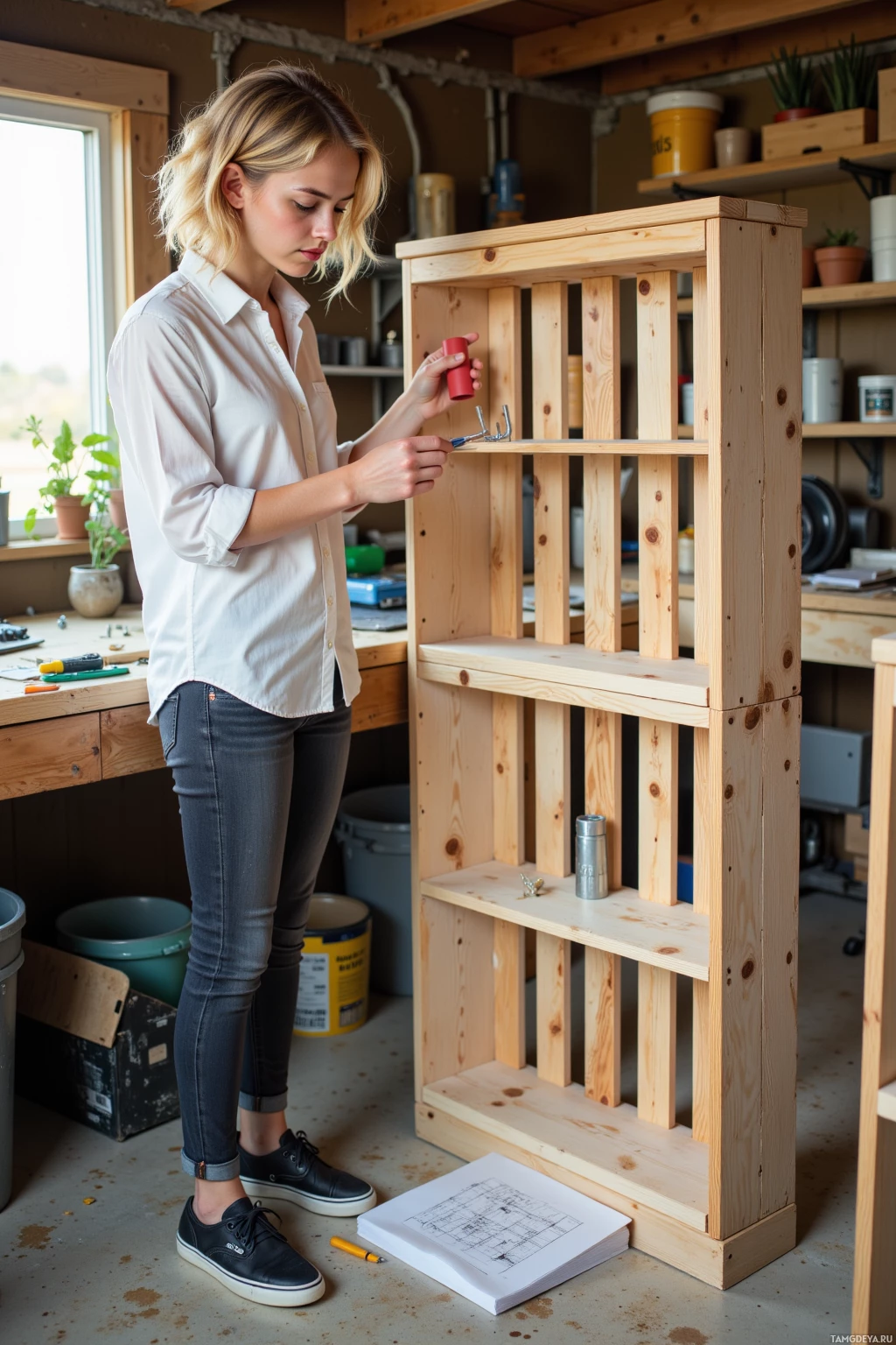 A person is assembling a wooden shelf in a workshop.