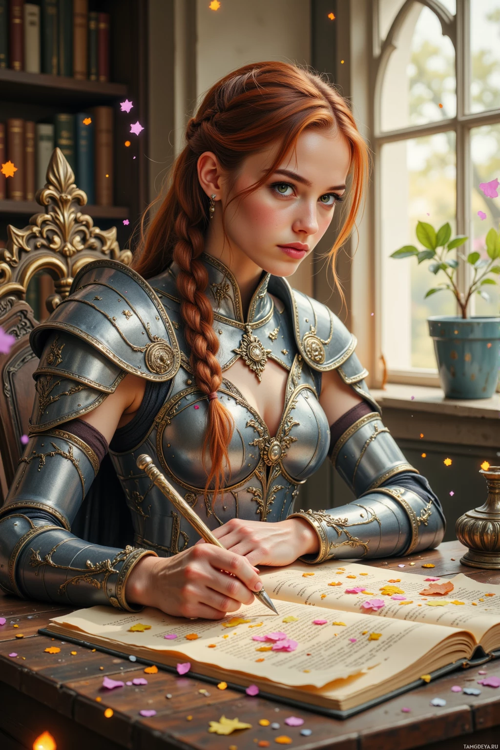 A woman in ornate armor is writing in a book at a desk.