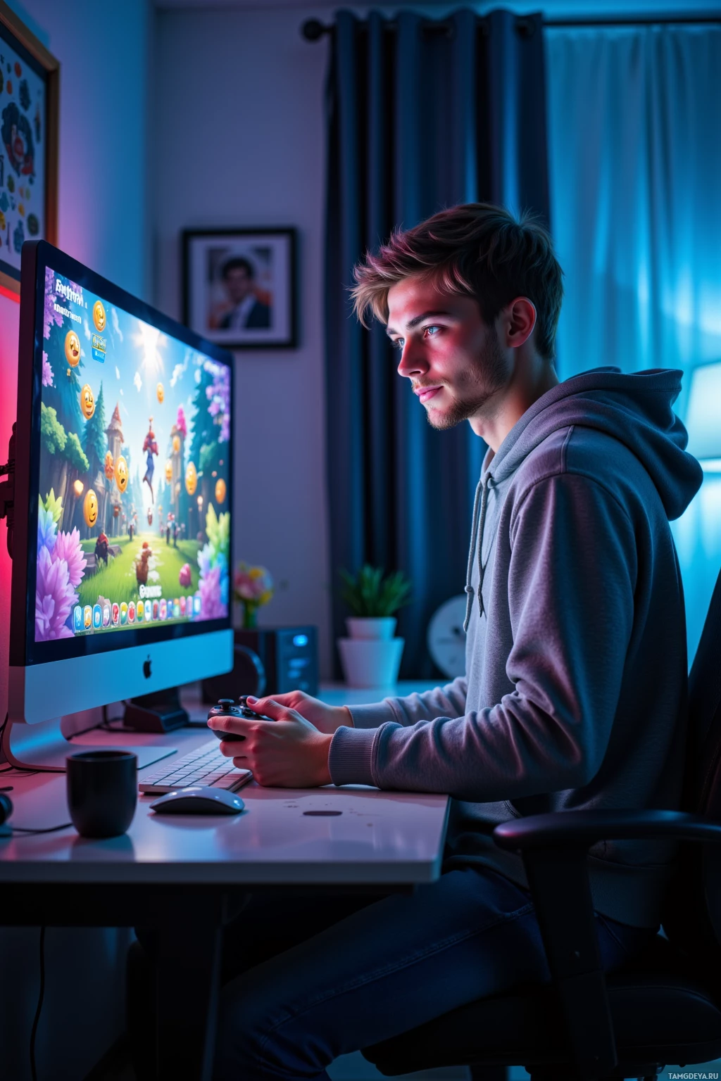 A person is playing a video game on a computer in a dimly lit room.