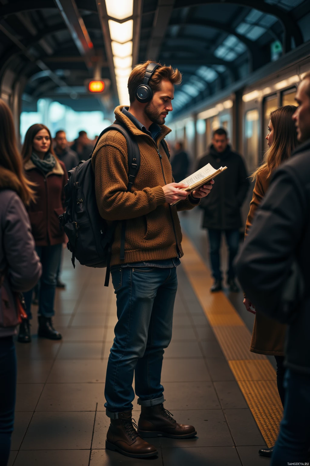A man wearing headphones and a backpack reads a book on a crowded subway platform.