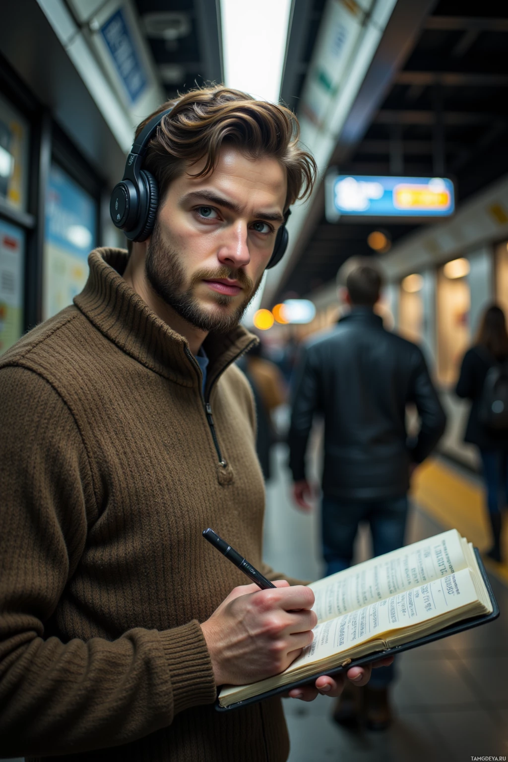 A man wearing headphones and a sweater is holding a book and pen, standing in a subway station.