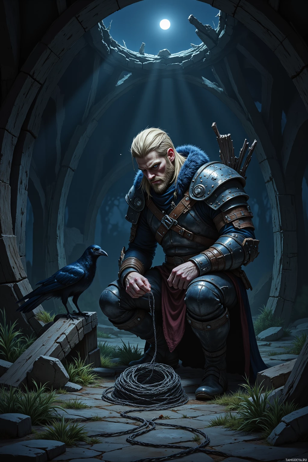 A warrior in armor kneels beside a crow in a dimly lit stone archway.