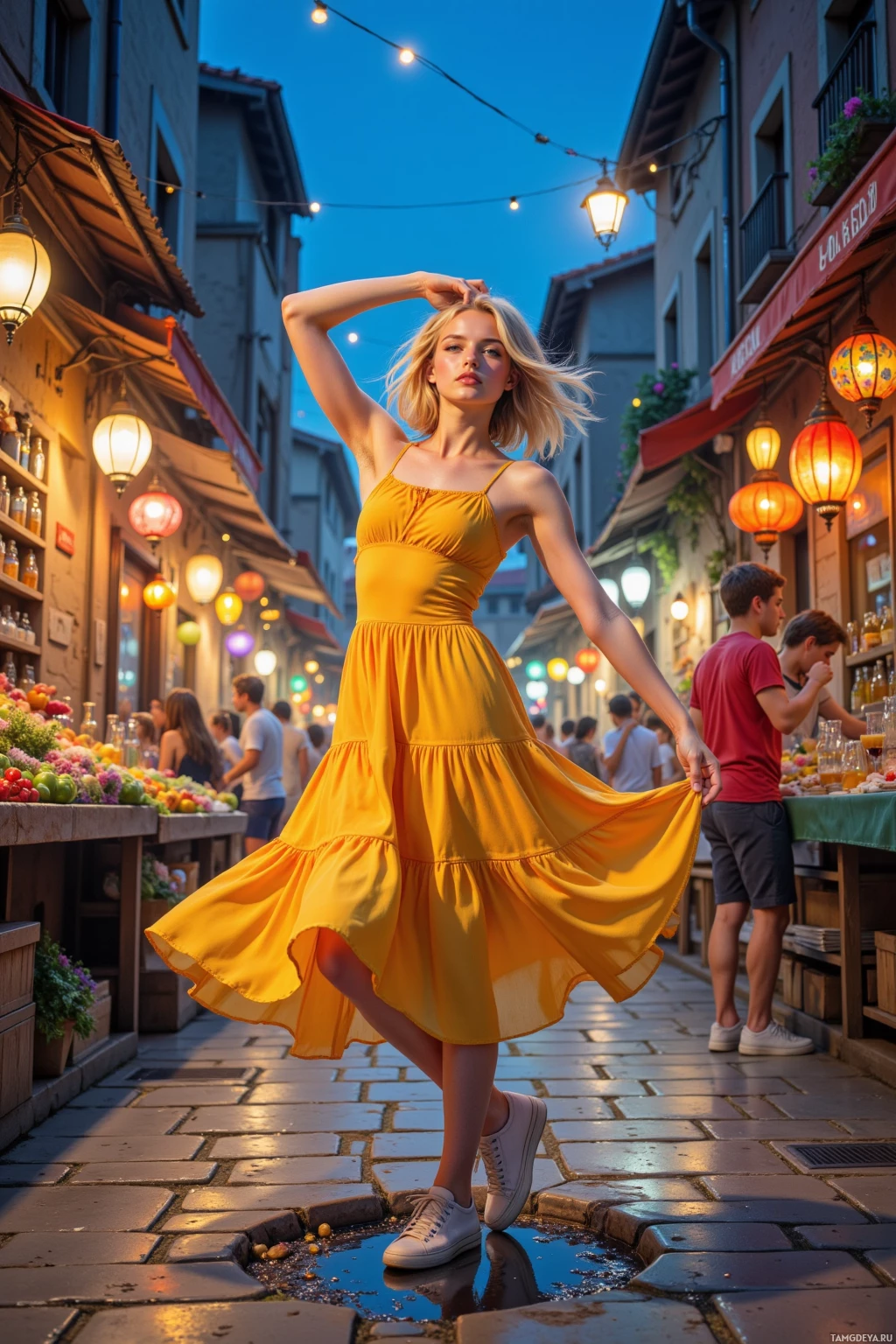 A woman in a yellow dress dances on a cobblestone street at dusk.