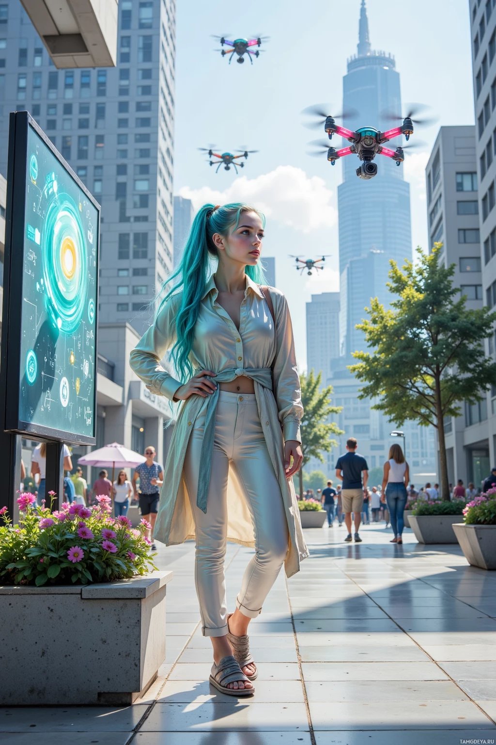 A woman with blue hair stands in a city plaza with drones flying overhead and a large screen displaying a circular graphic.