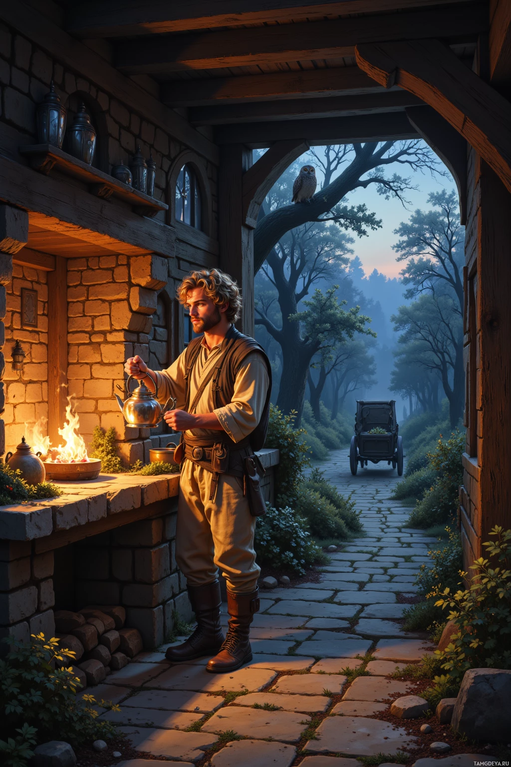 A man stands by a stone fireplace, holding a kettle, with a carriage and forest in the background.