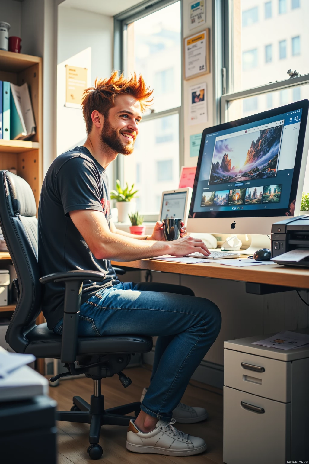 A man sits at a desk in an office, smiling while working on a computer.