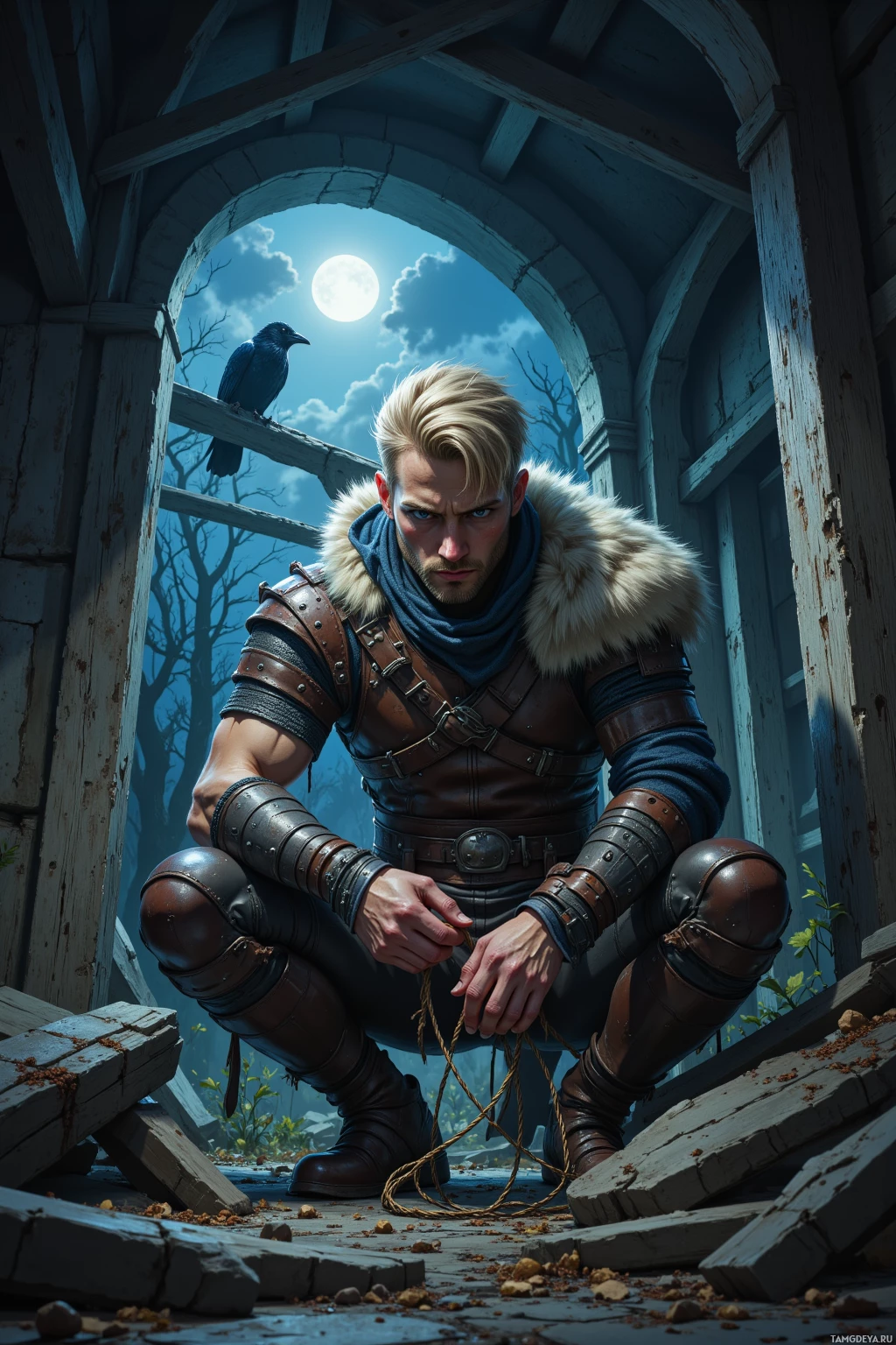 A rugged warrior in armor crouches in a ruined doorway, holding a rope, with a crow perched on a beam and a full moon in the sky.