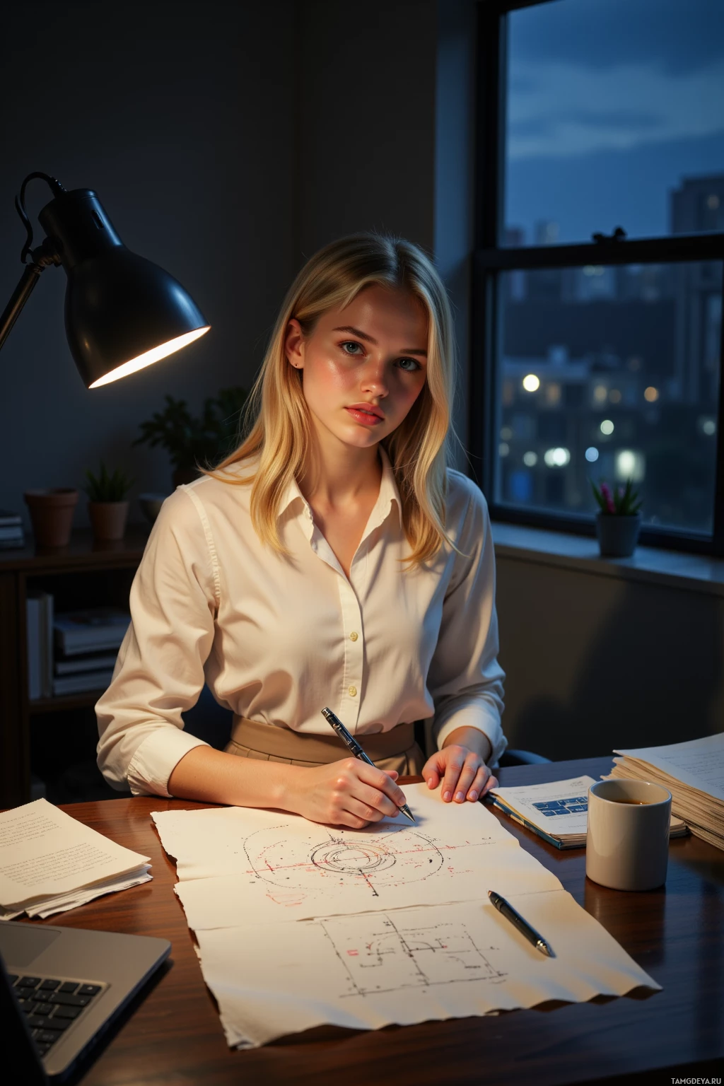 A woman sits at a desk in a dimly lit room, working on architectural plans.
